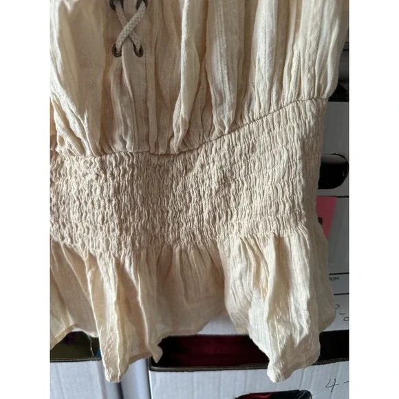 Women’s Cream Peasant Blouse with Brown Sleeve Accents - Picture 7 of 8